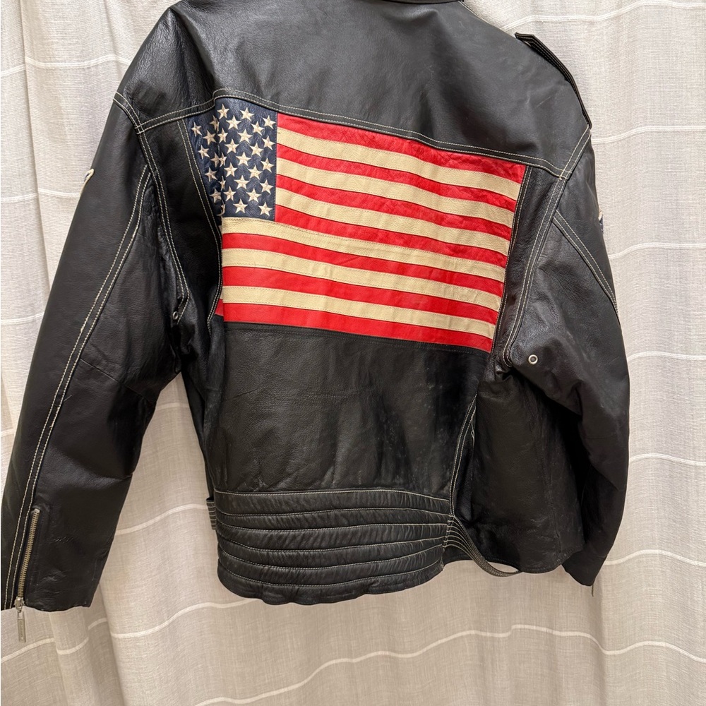 Michael Hoban Black Leather Jacket with American Flag